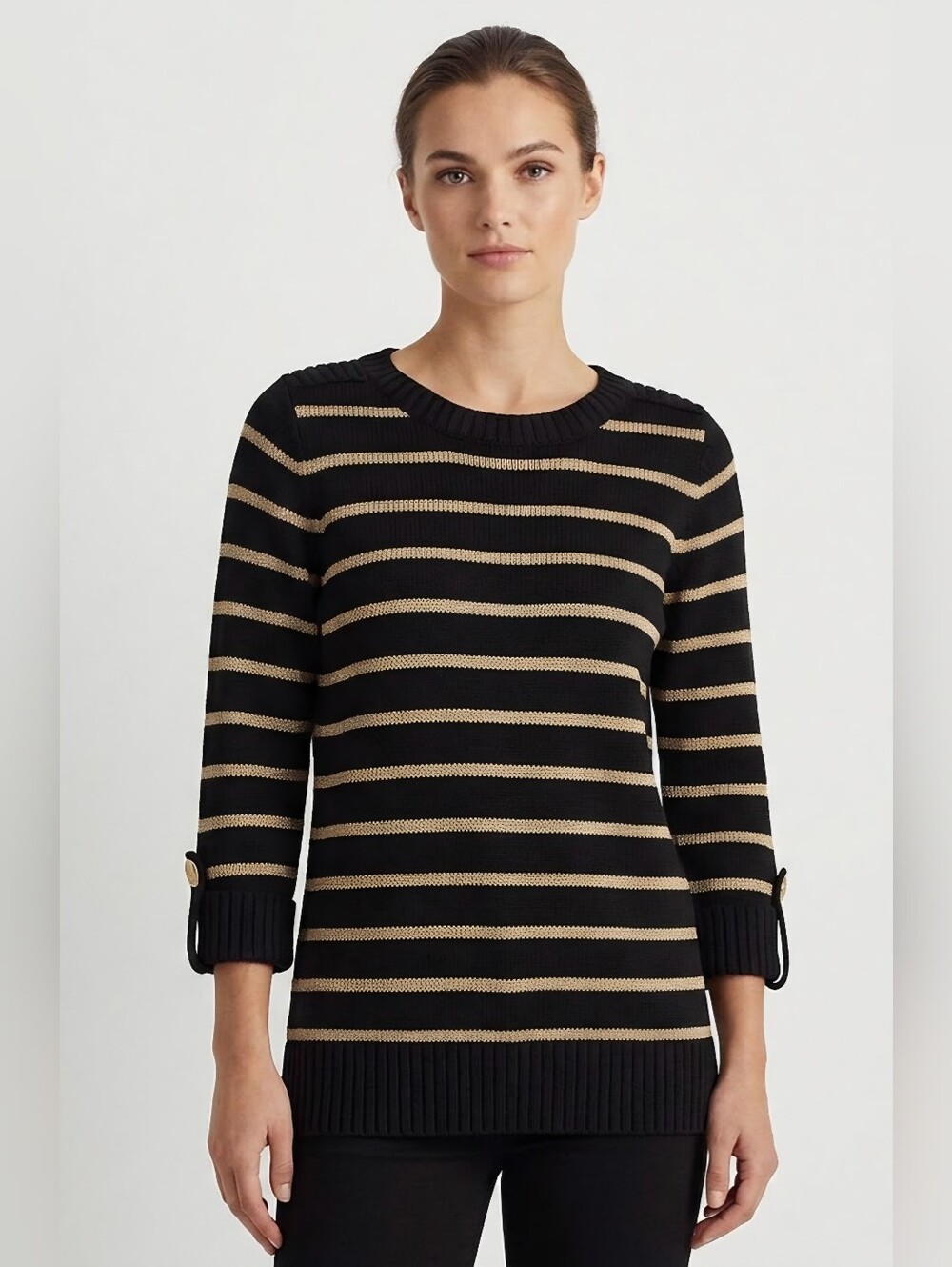 NWT Jones New York Black and Gold Striped Crewneck Sweater Size MP